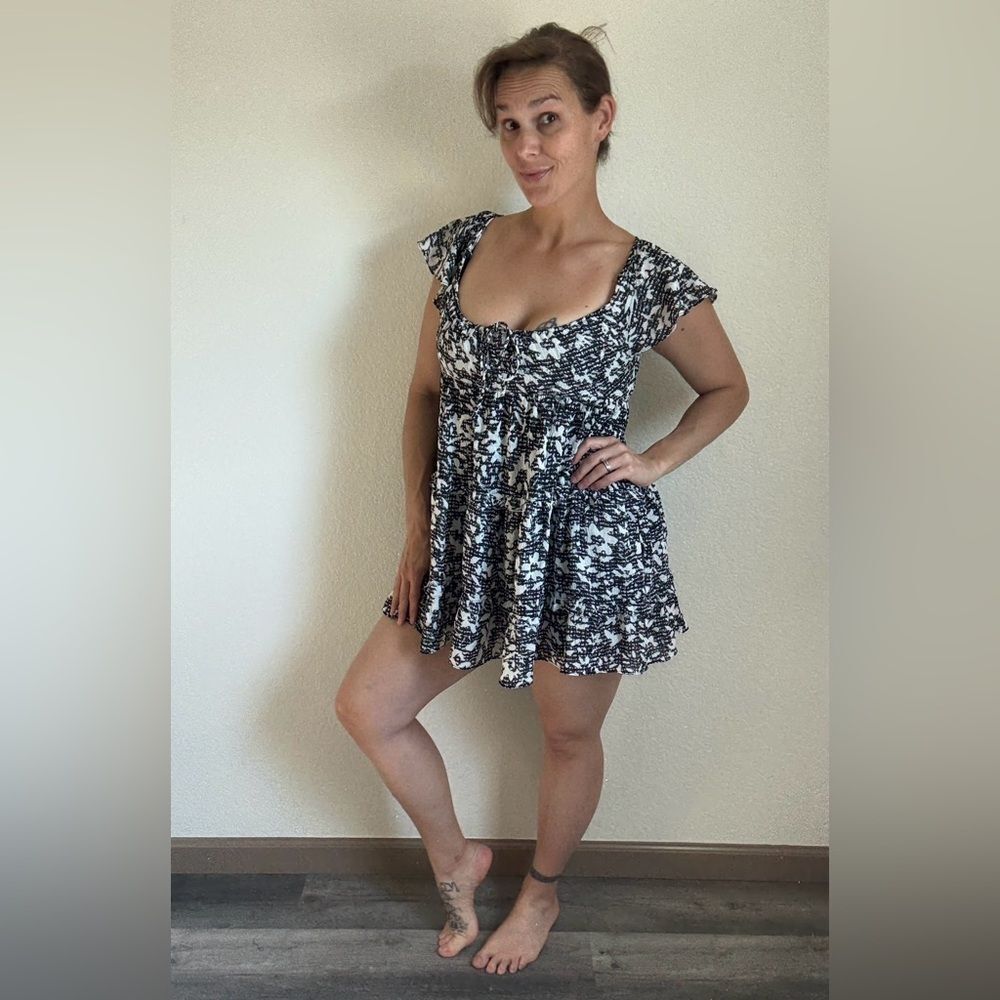 Urban Outfitters Babydoll Mini Dress Black White Floral Ruffle XS